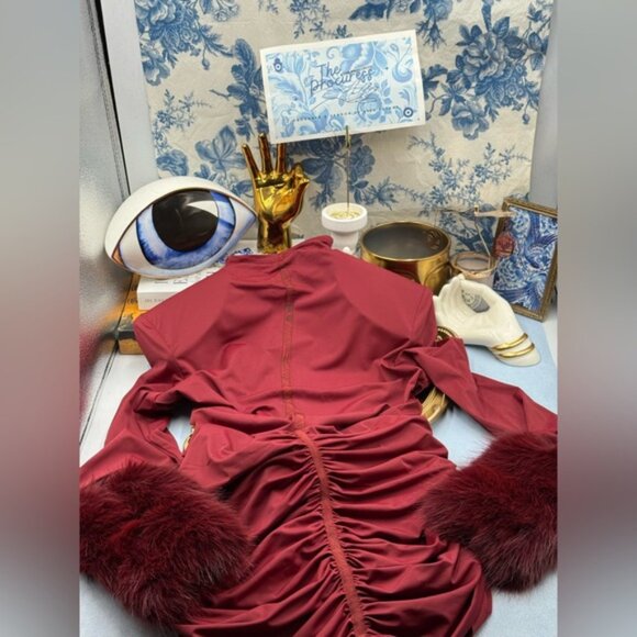 🆕 BRONX & BANCO 🧿 NWOT Eleanor Burgundy Fur Trimmed Mini Dress, Sz XS US 2 - Picture 14 of 17